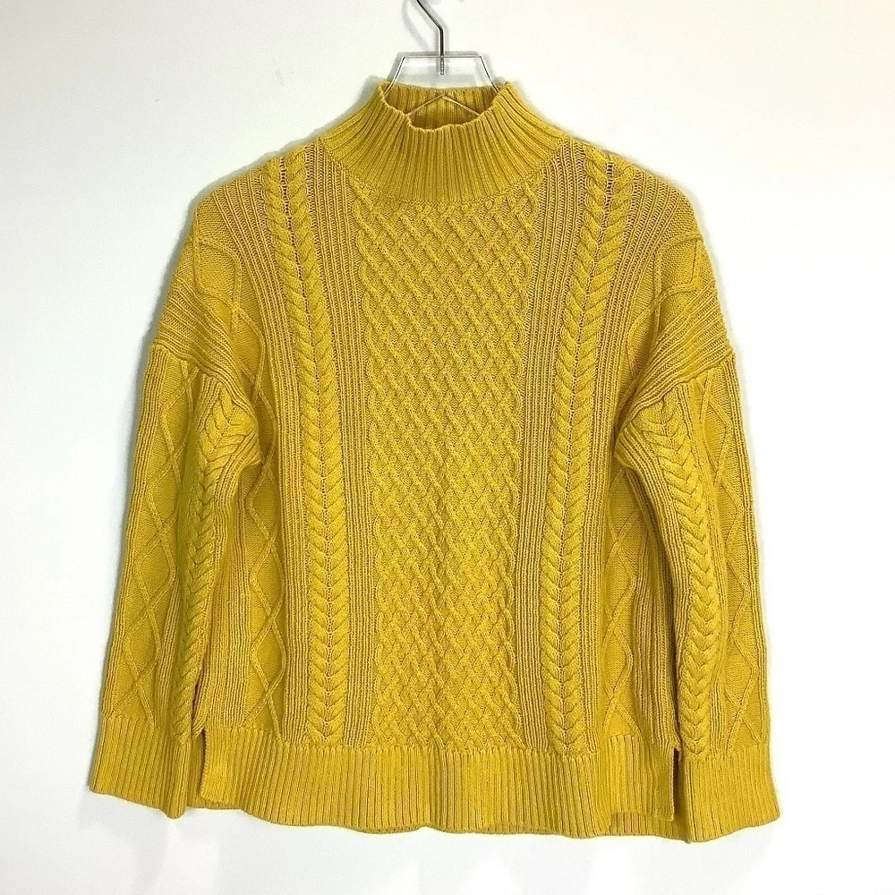 J. Crew Sweater S Chunky Cable Knit Mock Neck Mustard‎  Golden Chartreuse S
